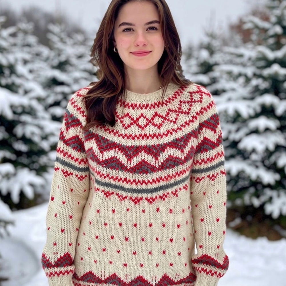 Jones New York Red and Cream Patterned Sweater